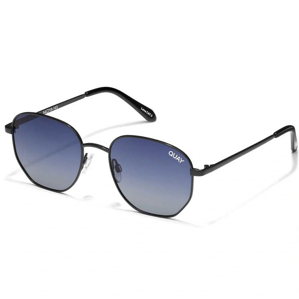 QUAY Big Time Sunglasses Polarized Black Frame Navy Lenses Round NWT